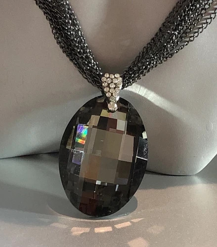 14K Black Rhodium Plated Big Oval Pendant Long Sweater Chain Necklace Gorgeous