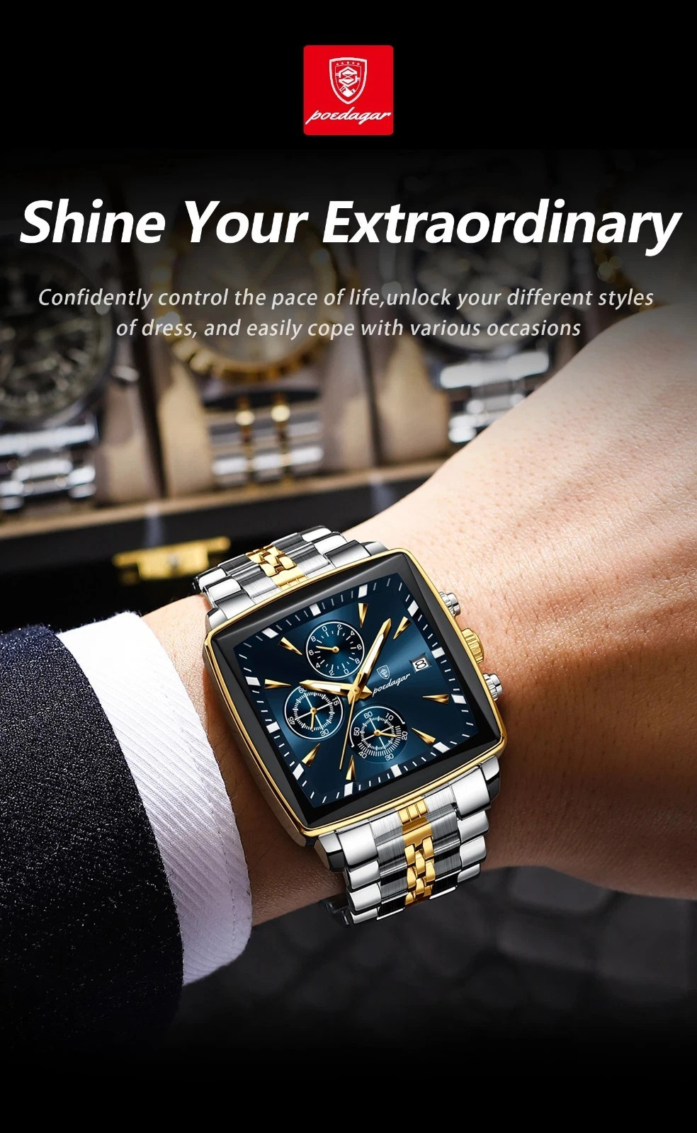 Luxury Men’s Watch Square Stainless Steel Waterproof Luminous Chrono