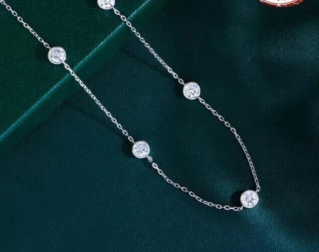 14k White Gold Round Natural Diamond By The Yard Bezel Station Necklace 18″