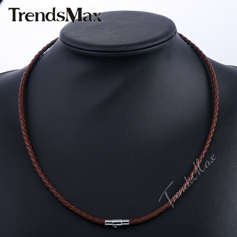 4mm Brown Braided Cord Rope Man-made Leather Necklace Magnetic Clasp For Men