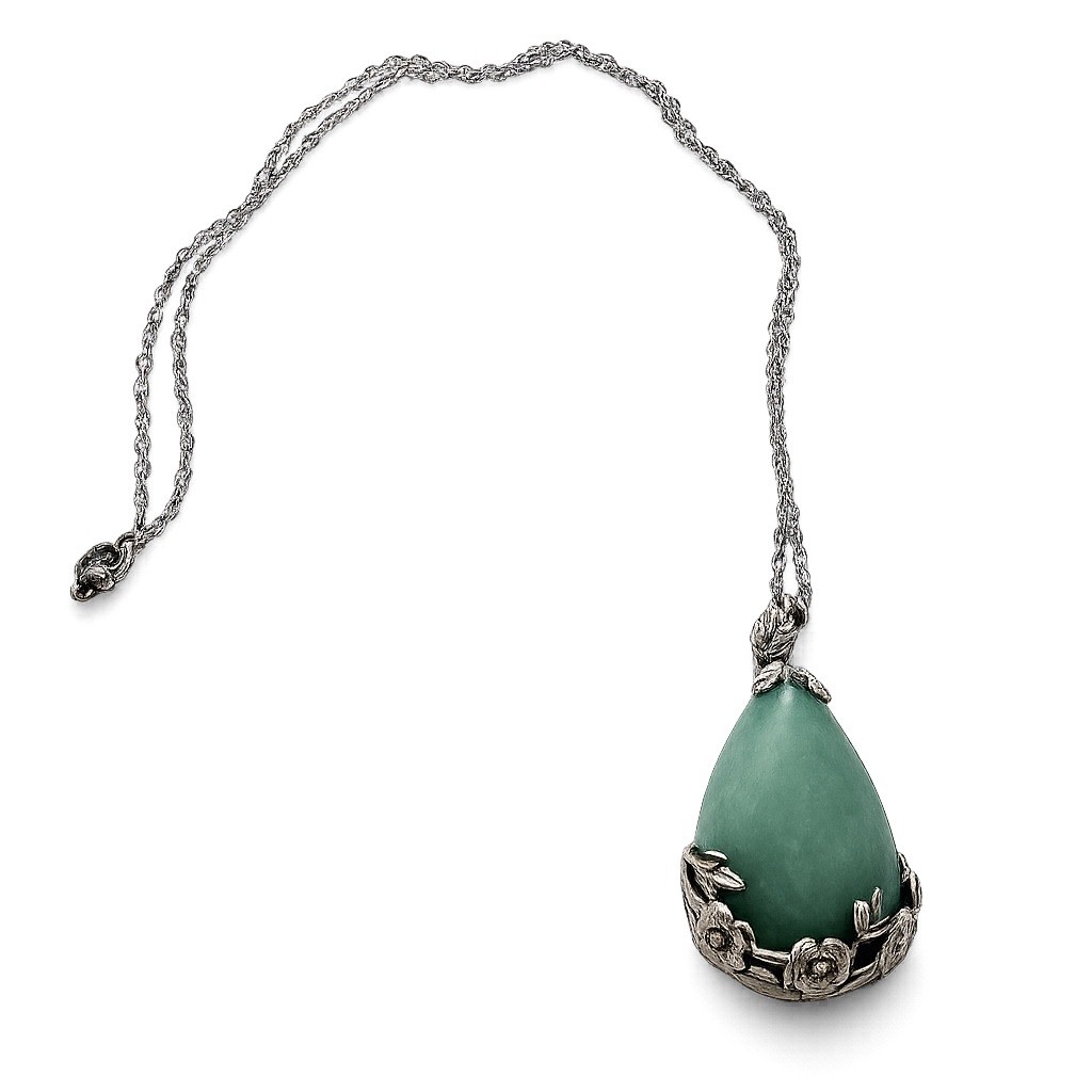 Vintage Style Green Aventurine Floral Rose Filigree Pendant Necklace Silver Tone