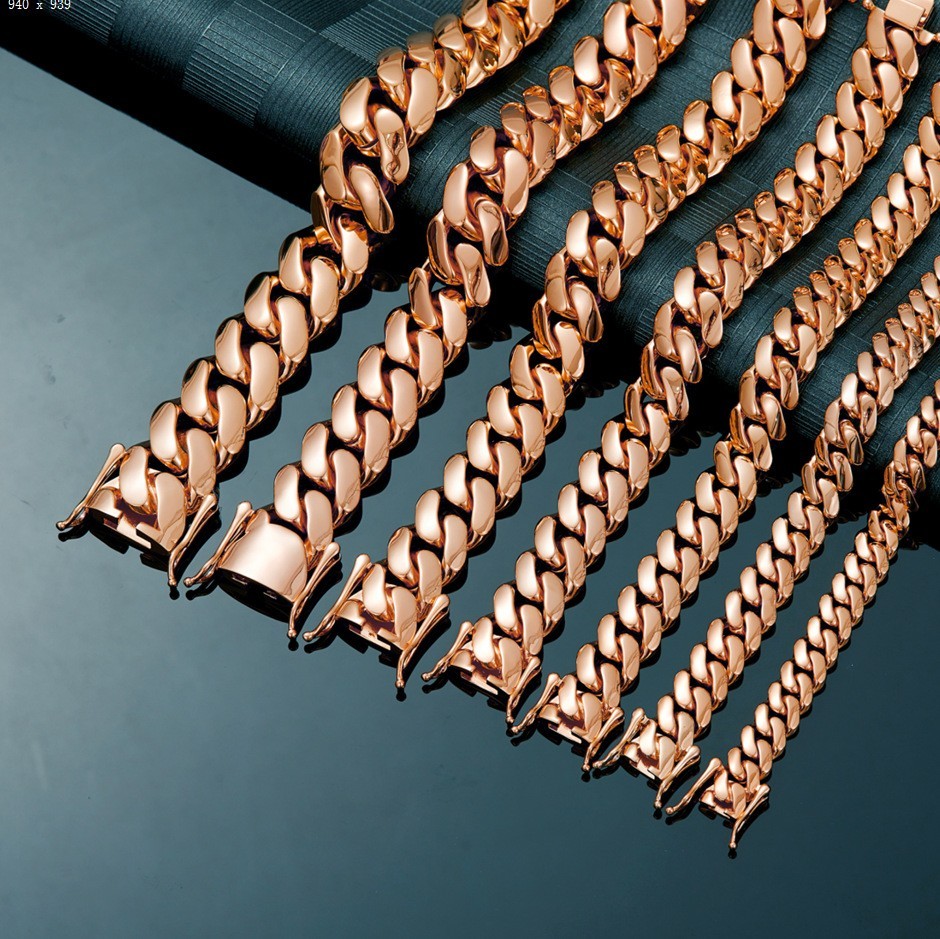 10-22MM Stainless Steel Rose Gold Miami Hip Hop Cuban Chain Necklace Bracelet