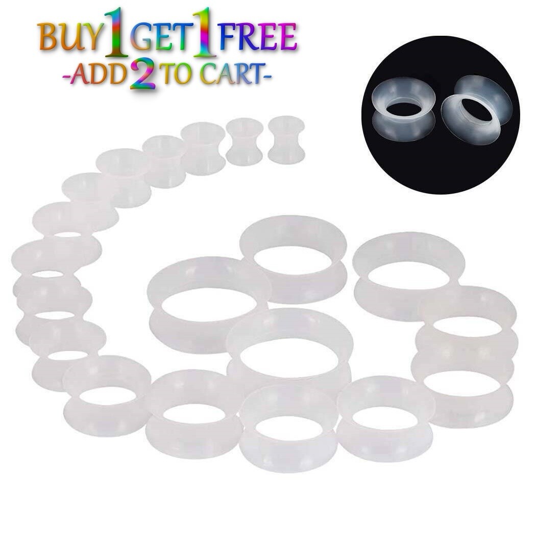 Pair 8g-40mm CLEAR SILICONE EARSKIN TUNNELS Double Flare Gauges Thin Flesh 3018