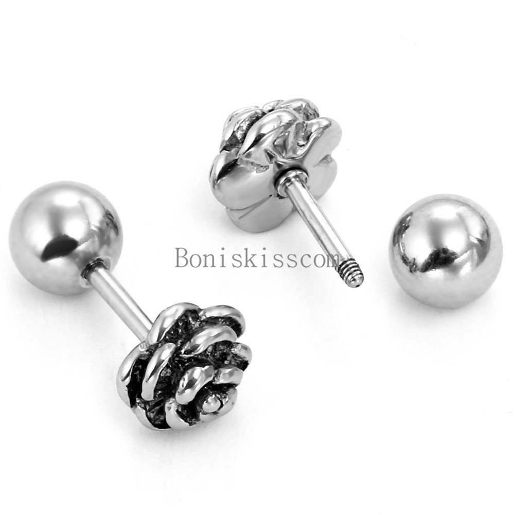 Charm Rose Flower Shape Stainless Steel Stud Earrings Bead Ball Screw Back