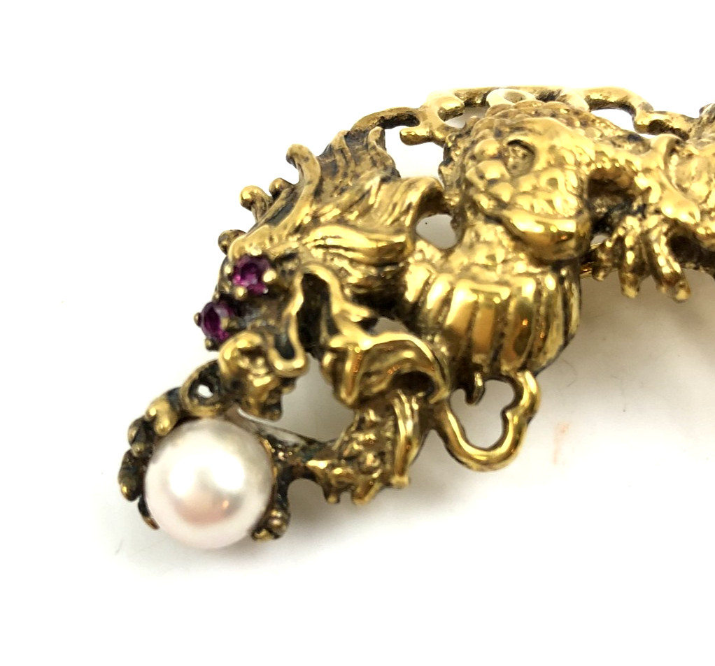 Vtg Antique Mark EN 87 Sterling Silver Gold Chinese Dragon Ruby Yes Brooch Pin