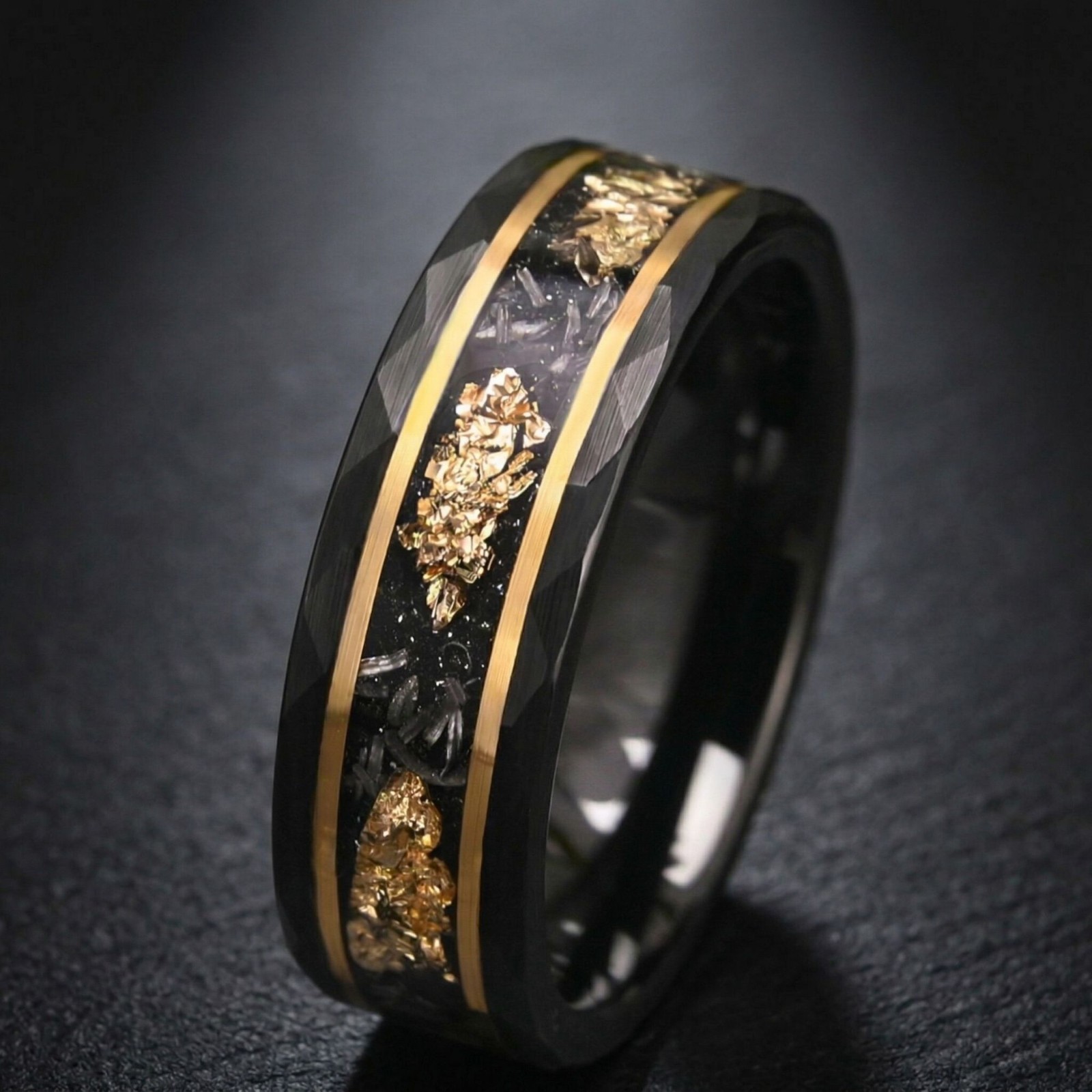 Black Hammered Tungsten Ring – Meteorite & Gold Leaf – 8mm Men’s Wedding Band
