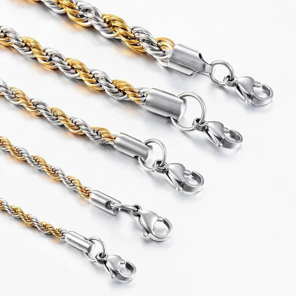Twisted Rope Chain Necklace For Men Women Stainless Steel No Fade Classic Look