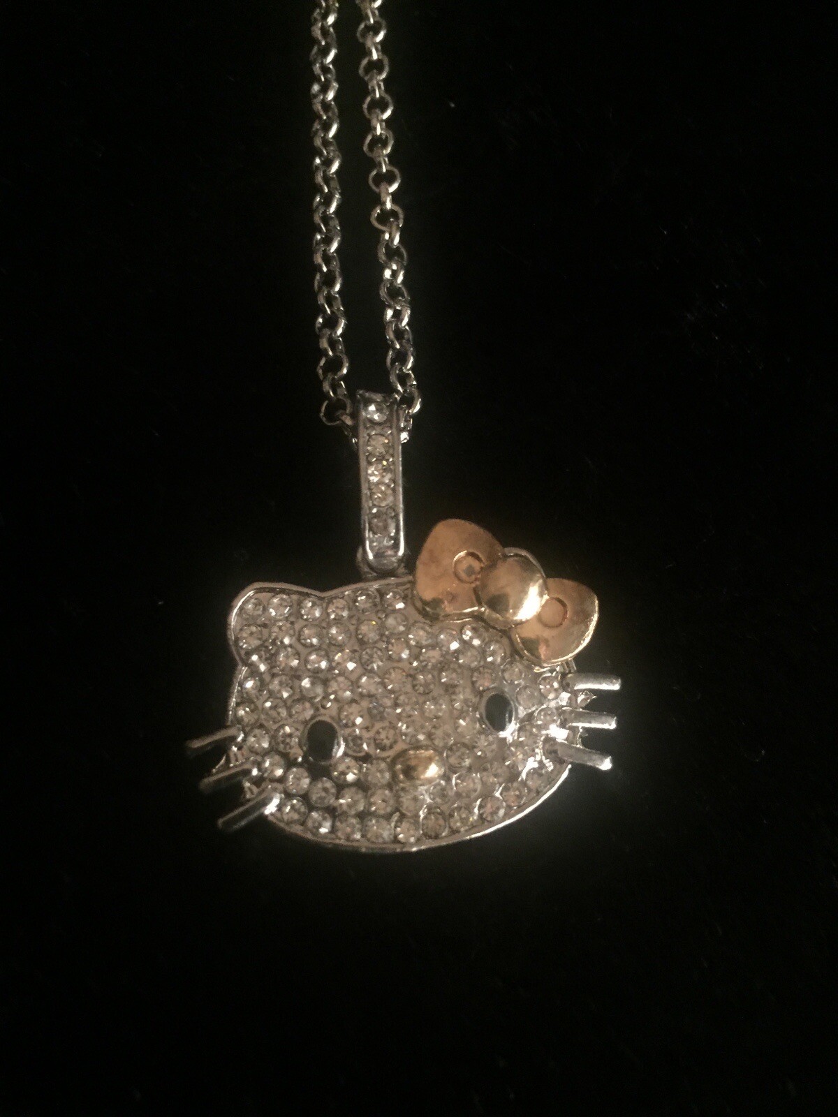 Hello Kitty Pendant Necklace Silver Chain Rhinestone Gold Bow None Tarnishing