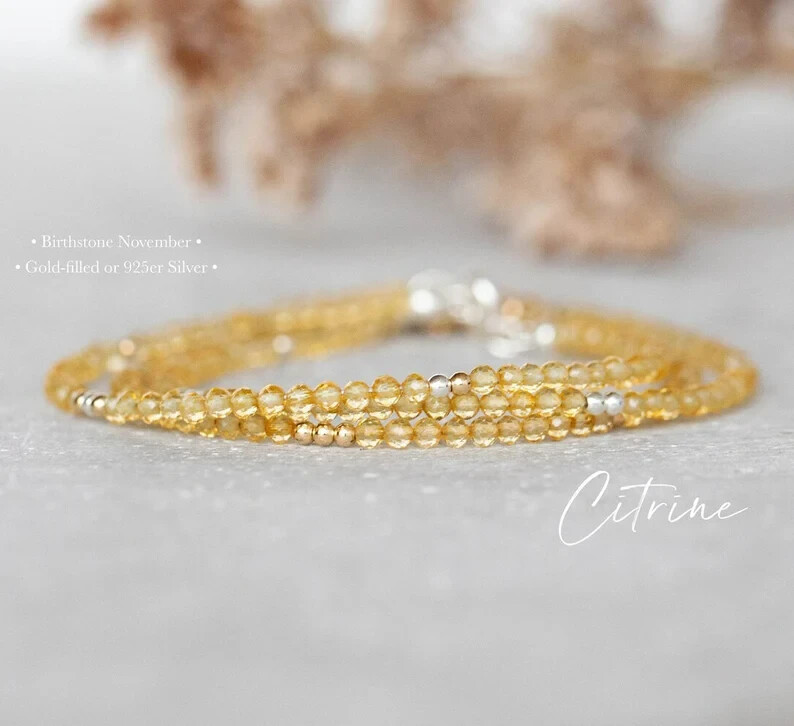 Natural Yellow Citrine Crystal Beads Dainty Healing Reiki Minimalist Bracelet