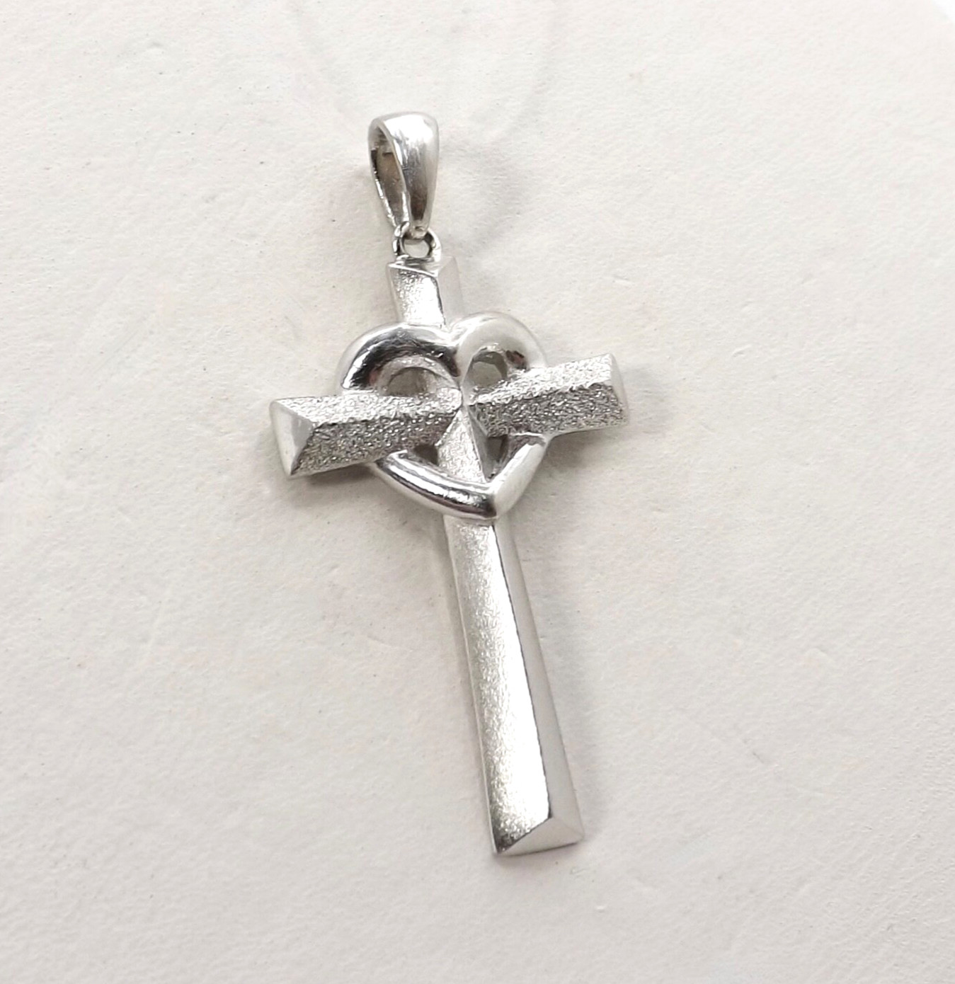 Solid Platinum Open Heart Wrapped Cross Charm Pendant Satin Brushed New