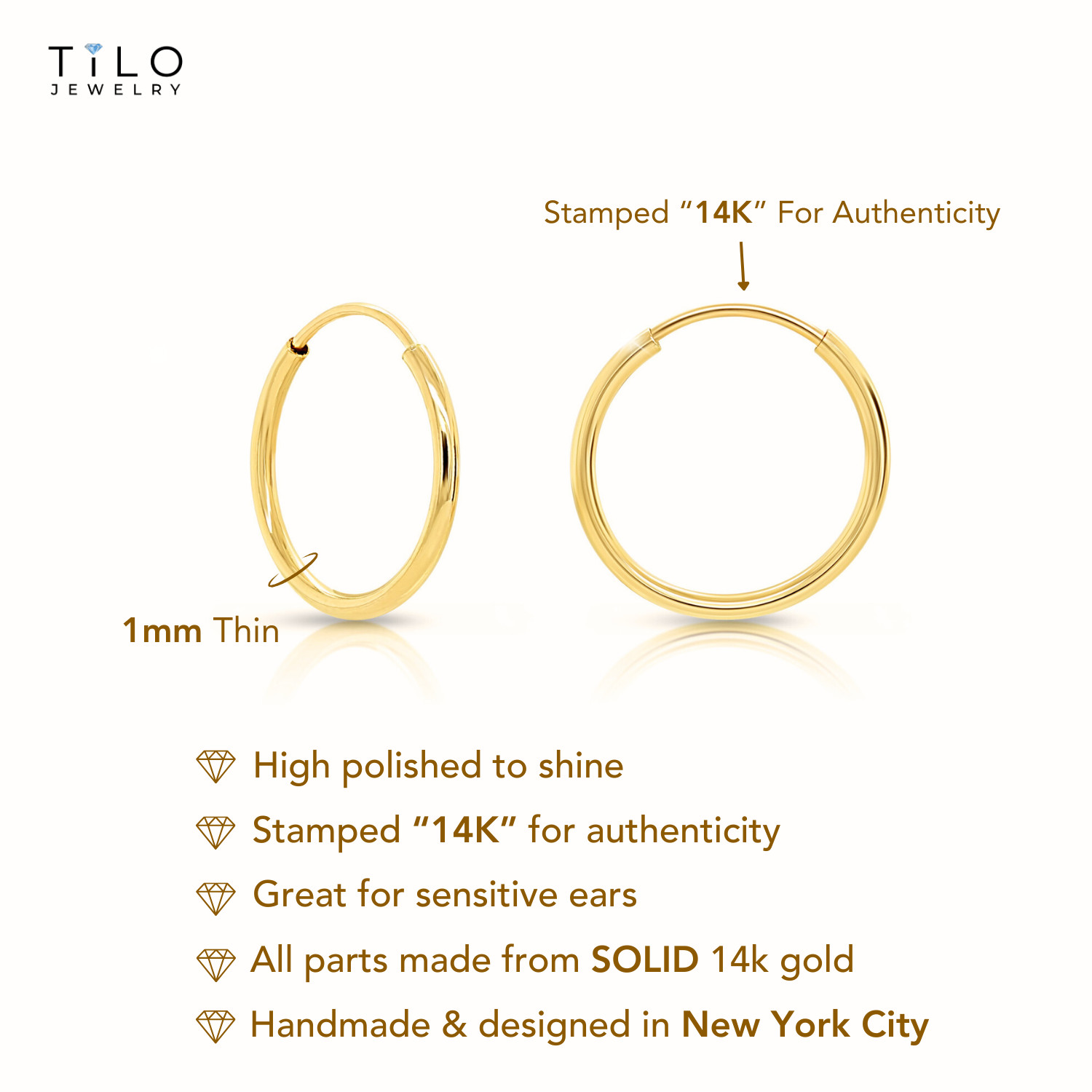 14K Real Solid Yellow Gold Round Endless Hoop Earrings 1mm Tube Hoops Ear Rings