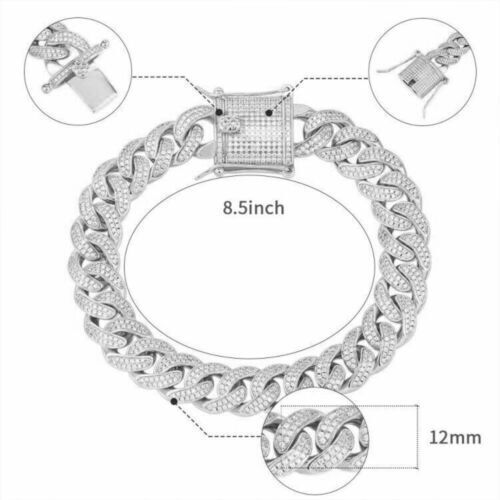 12mm White Gold Plated Iced CZ Out Stainless Steel Miami Cuban Link Bracelet