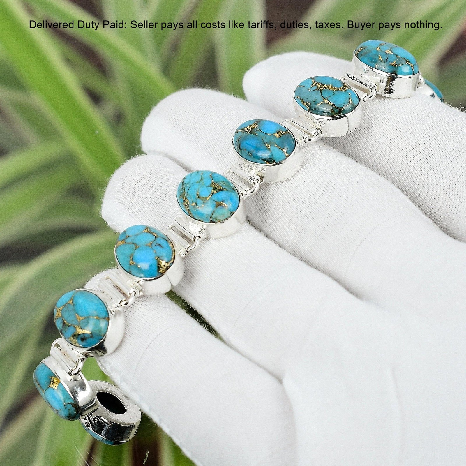 Natural Copper Blue Turquoise Unique Chain Bracelet Jewelry 925 Sterling Silver