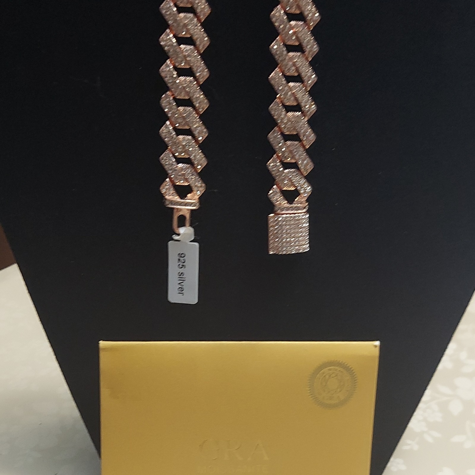 925 Silver Rose Gold Tone Cuban Link Chain Necklace Pavé Crystal Box Clasp