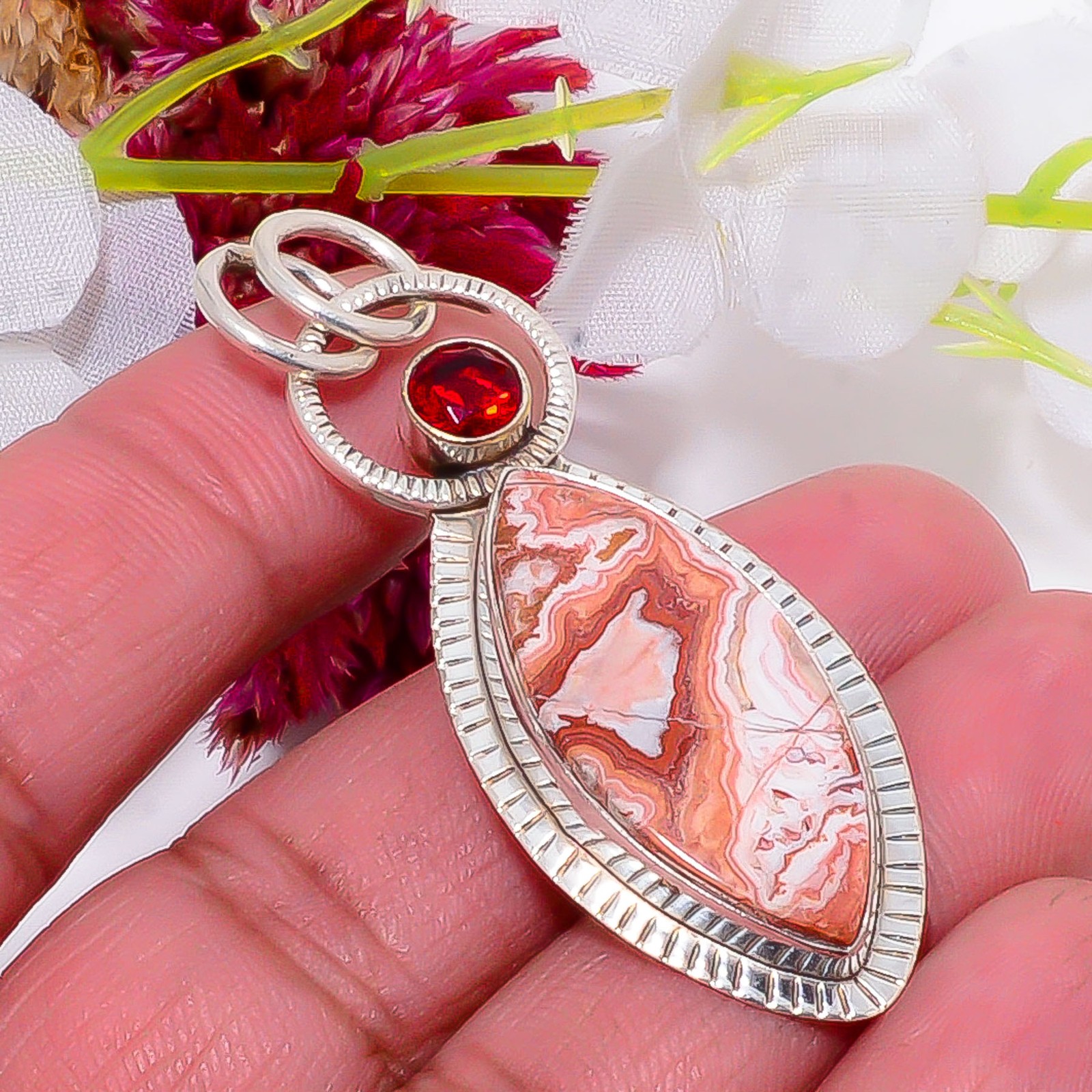 Rosetta Jasper – United State & Red Garnet 925 Sterling Silver Pendant 2.22″ S26