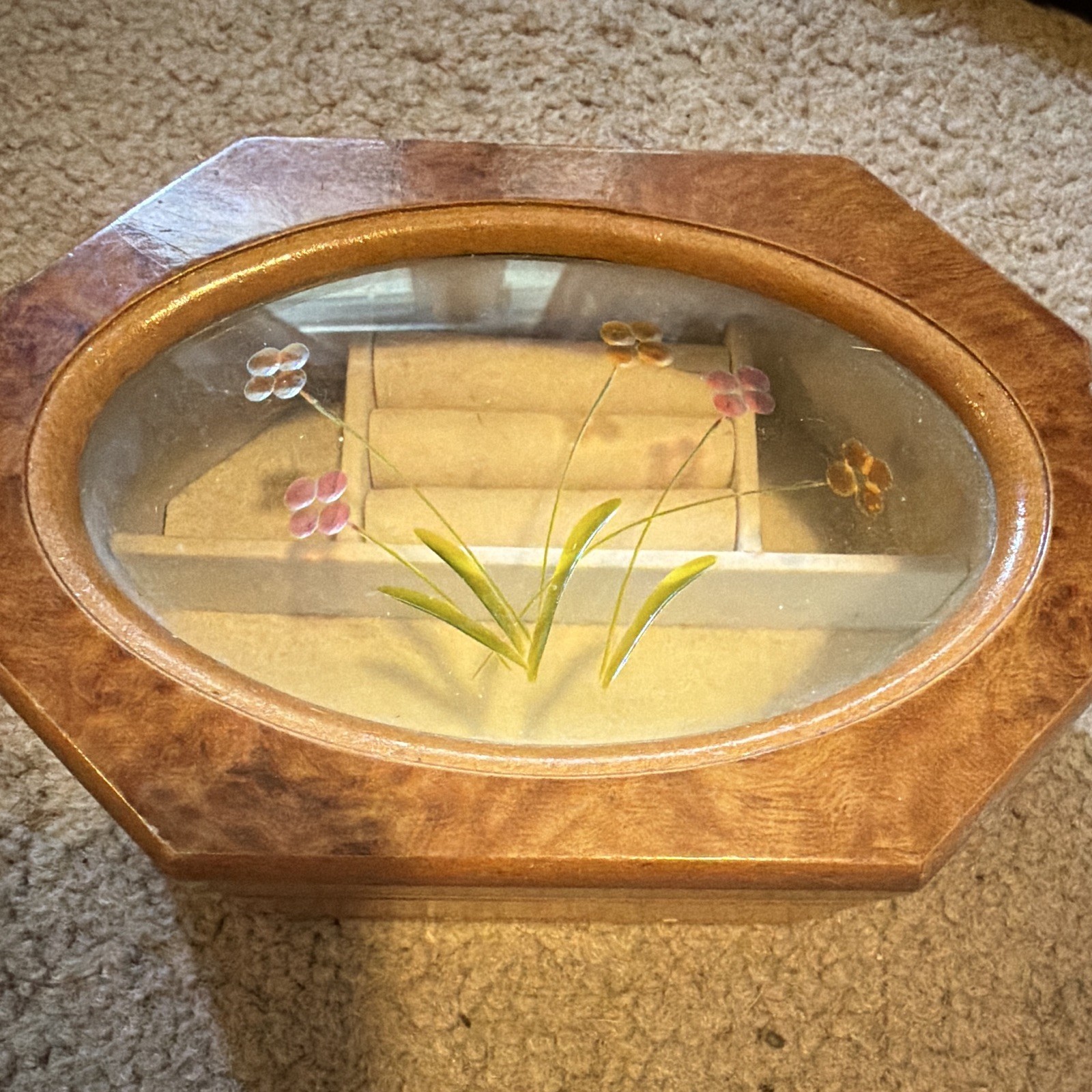 Octagon Wood Jewelry Box w/ Glass Hinged Lid, Velvet Lined Ring Rolls