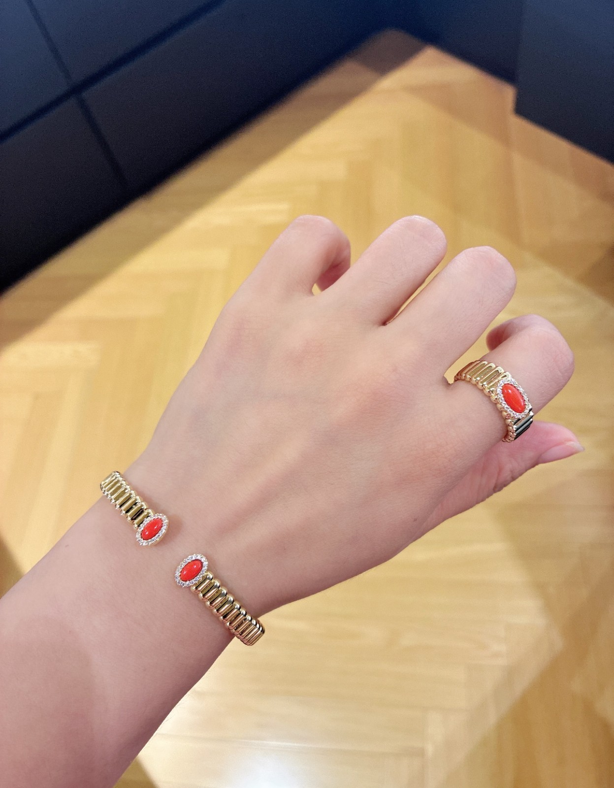 APM Monaco Gold Red Crystal Open Bracelet Adjustable Luxury Cuff Bangle
