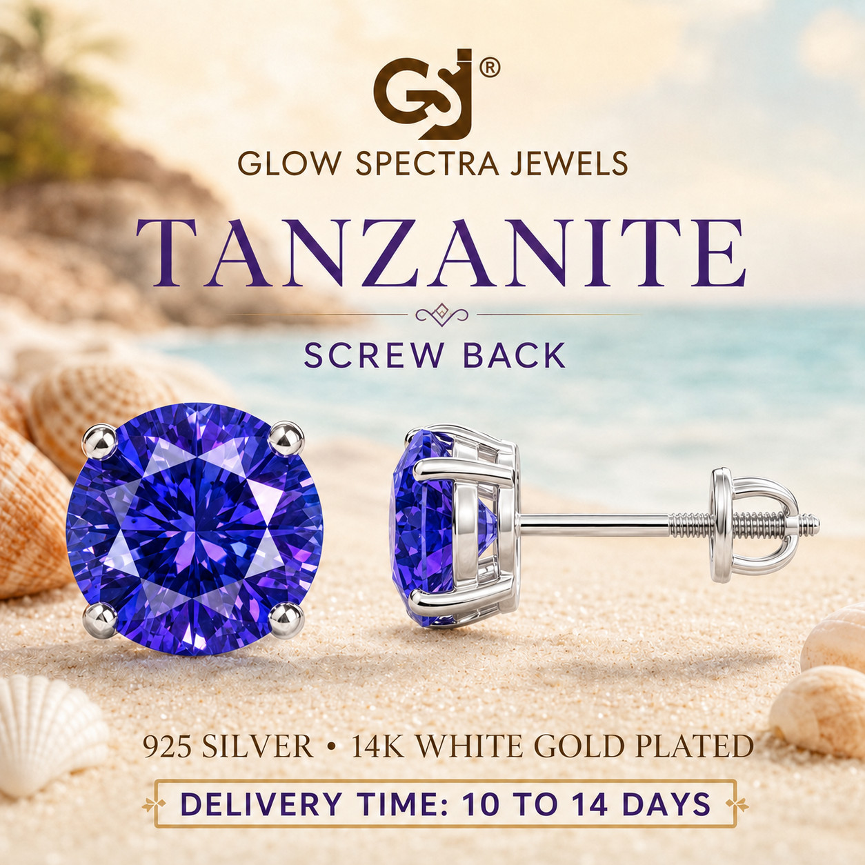 2.00CT Solitaire Tanzanite Stud Erring Screw Back 14k White Gold Plated