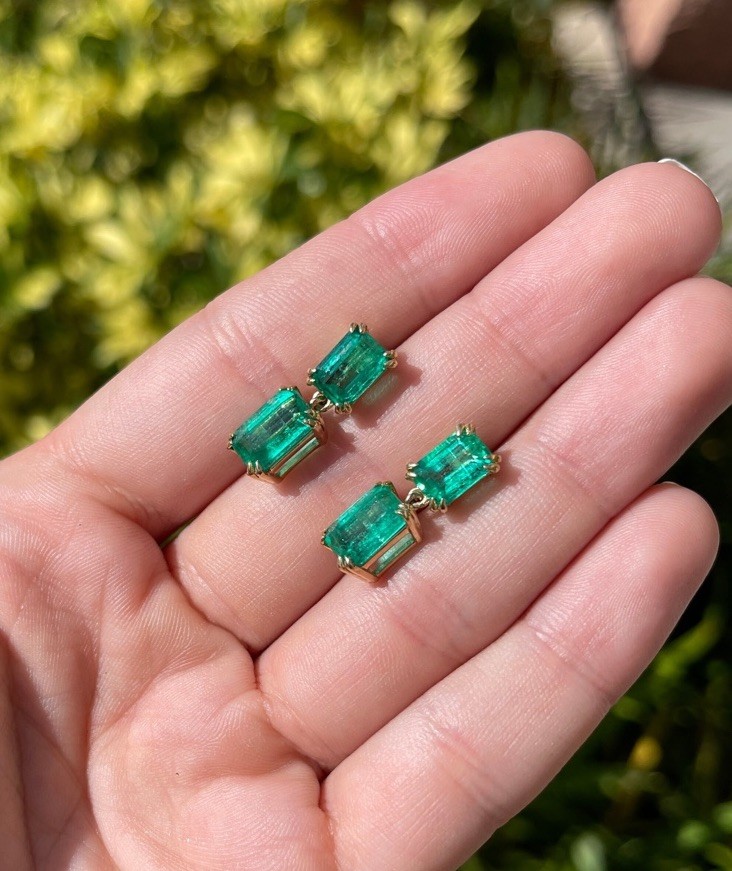14k Solid Yellow Gold Natural Emerald Earrings Drop Dangle Emerald Earring