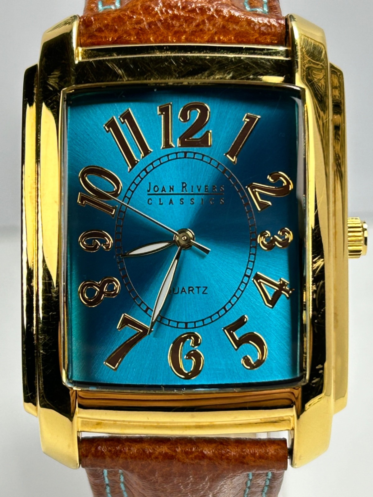 Vintage Joan Rivers Classics V377 Womens 34MM Tank Quartz Gold Tone W/Blue Dial