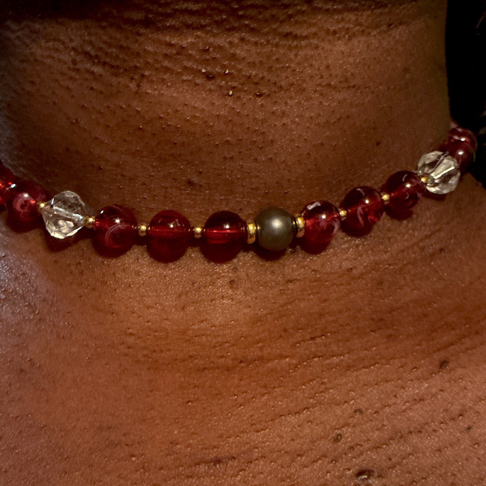 Red & Clear Glass Beaded Necklace Silver/Gold Tone Ball-Bead Chain Round