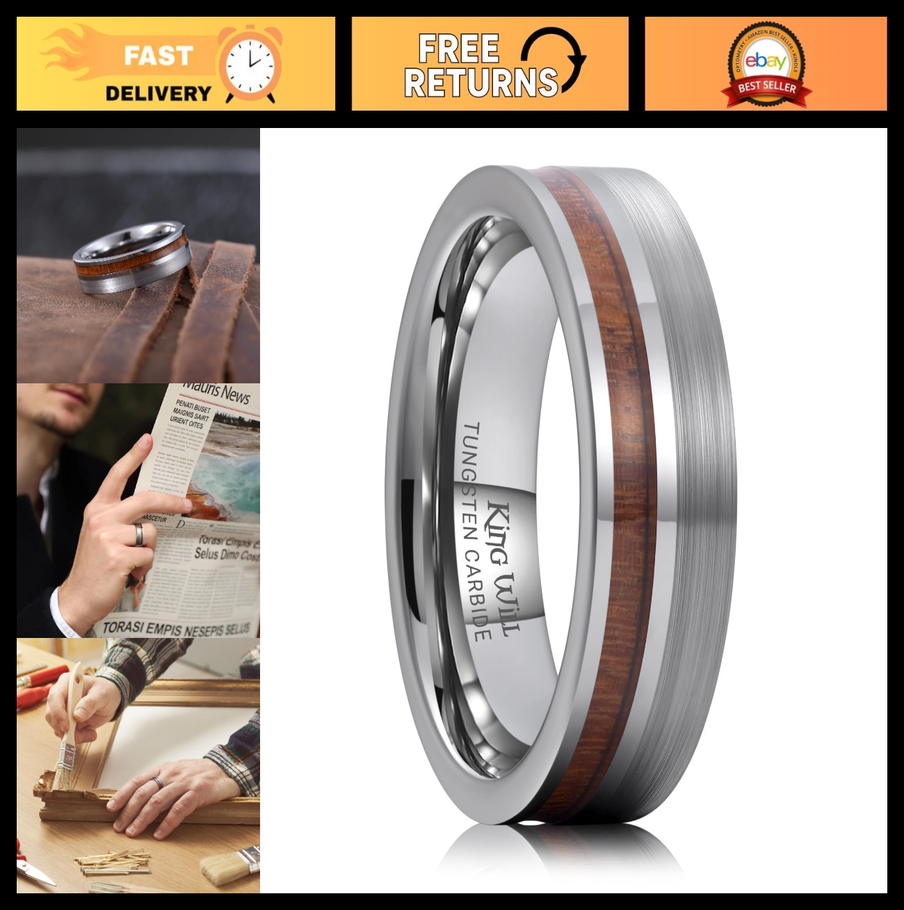 Tungsten Carbide Wedding Band with Wood Inlay | Silver & Black, 7mm, Comfort Fit