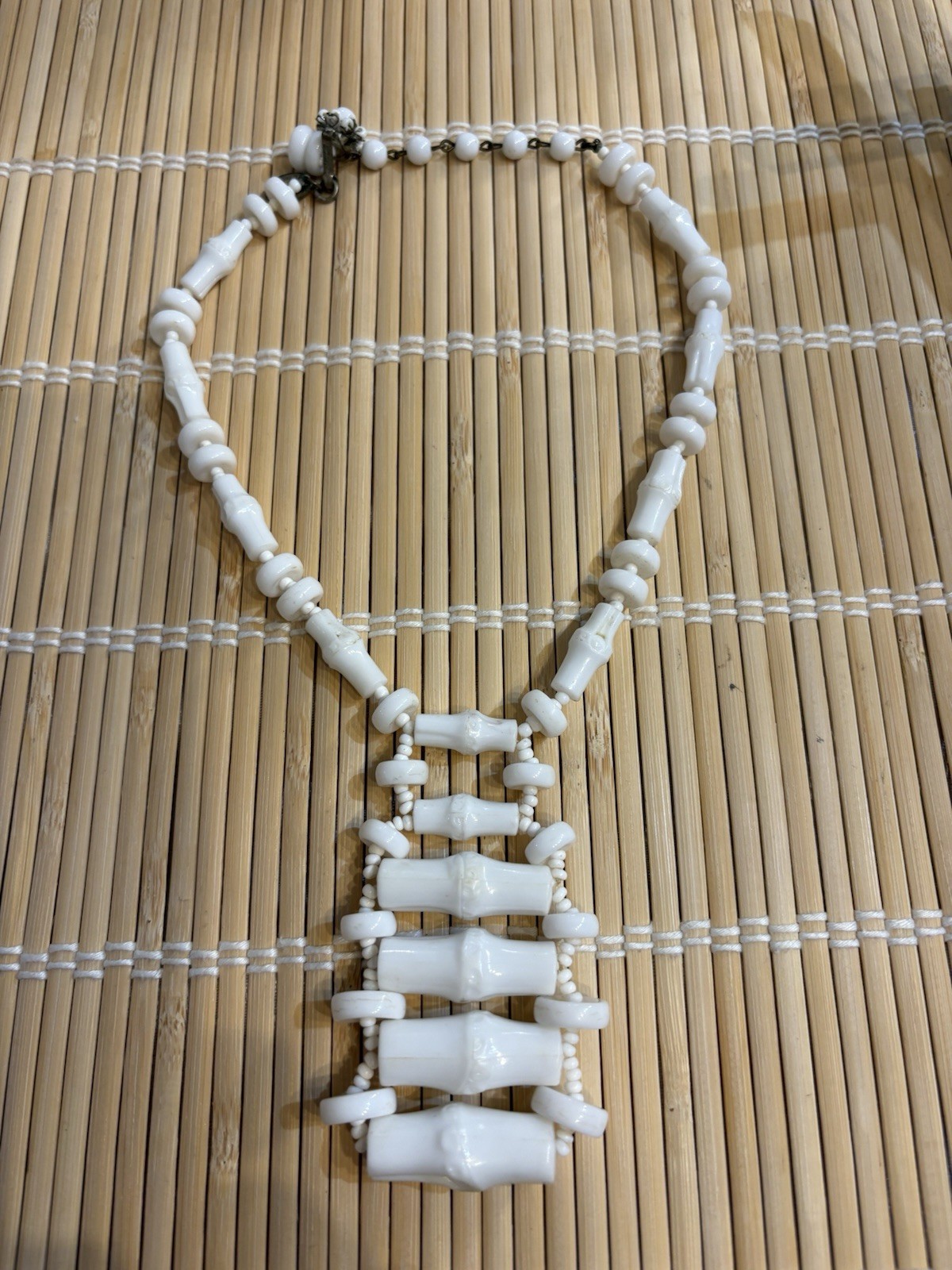 Vintage MIRIAM HASKELL White Bamboo Beaded Necklace Bib Ladder 12” Signed