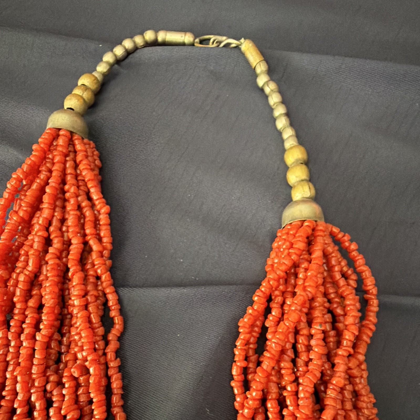 Orange/Red Multi-Strand Beaded Necklace, Brass Metal Beads, Hook Clasp – Vintage
