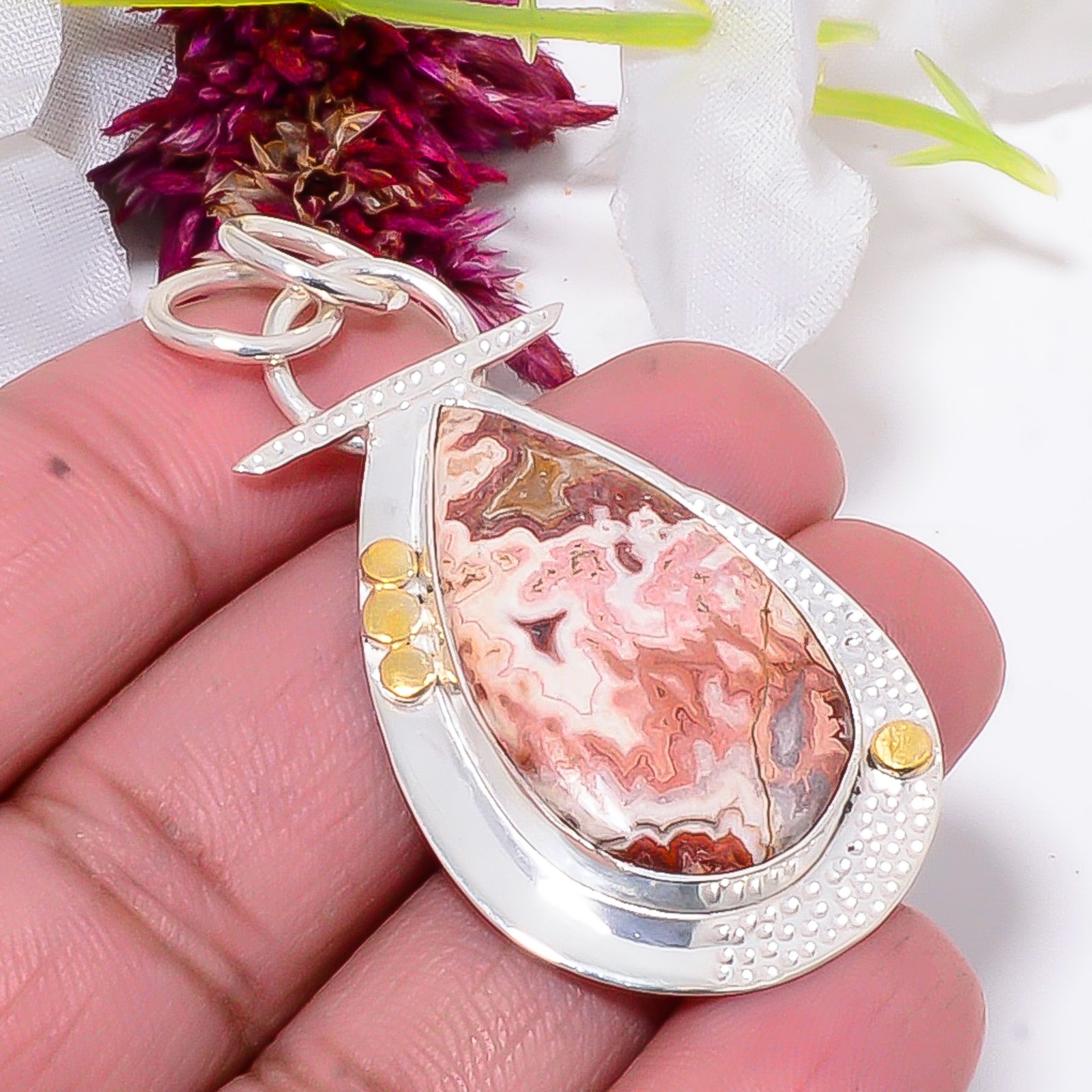 Rosetta Jasper – United State 925 Sterling Silver Two Tone Pendant 1.95″ sku23