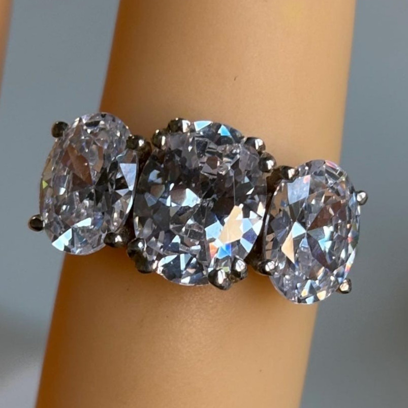 3 Stone Oval Cut Moissanite Ring 925 Sterling Silver Engagement Ring Three Stone