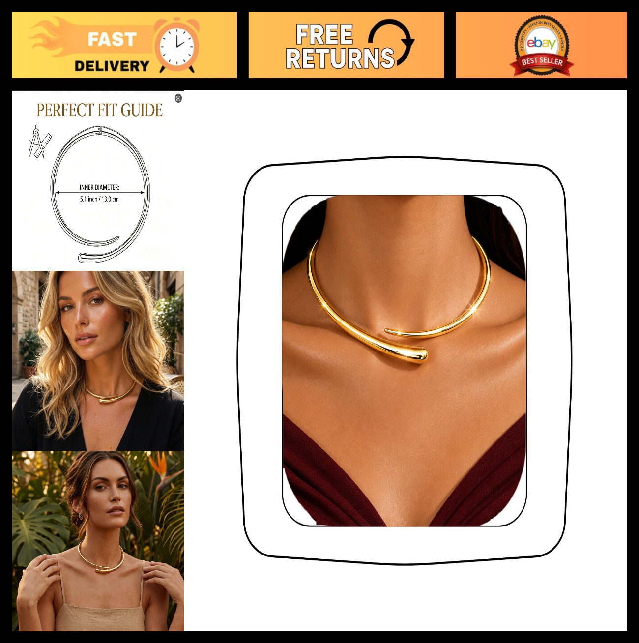 14K Gold Plated Chunky Collar Choker Necklace for Women – Minimalist Torque Desi