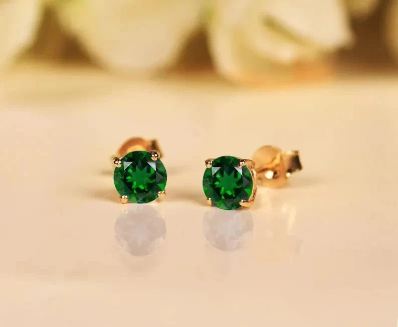 2Ct Round Cut Natural Emerald Diamond 14K Yellow Gold Luxurious Earring Stud