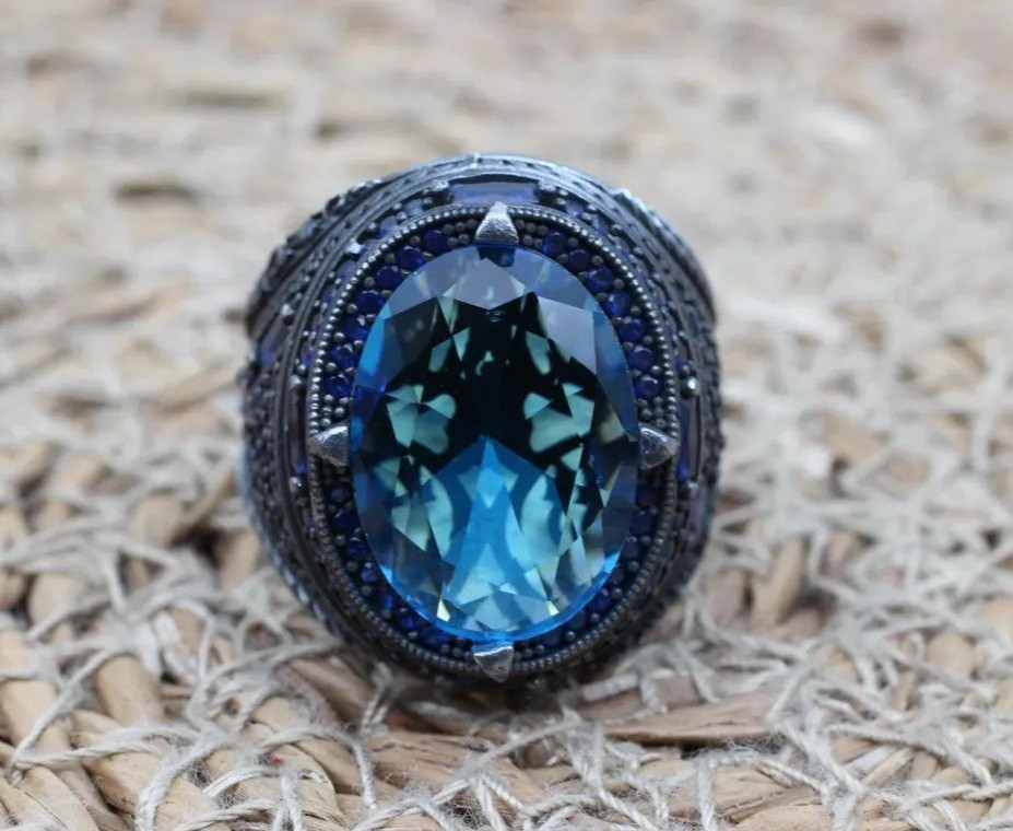 Ottoman Style Aquamarine Men’s Ring 925 Sterling Silver Turkish Ring Duty free