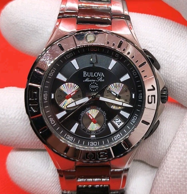 Bulova Marine Star Chronograph Wrist Watch C975505 Stainless Steel Black 2 tone