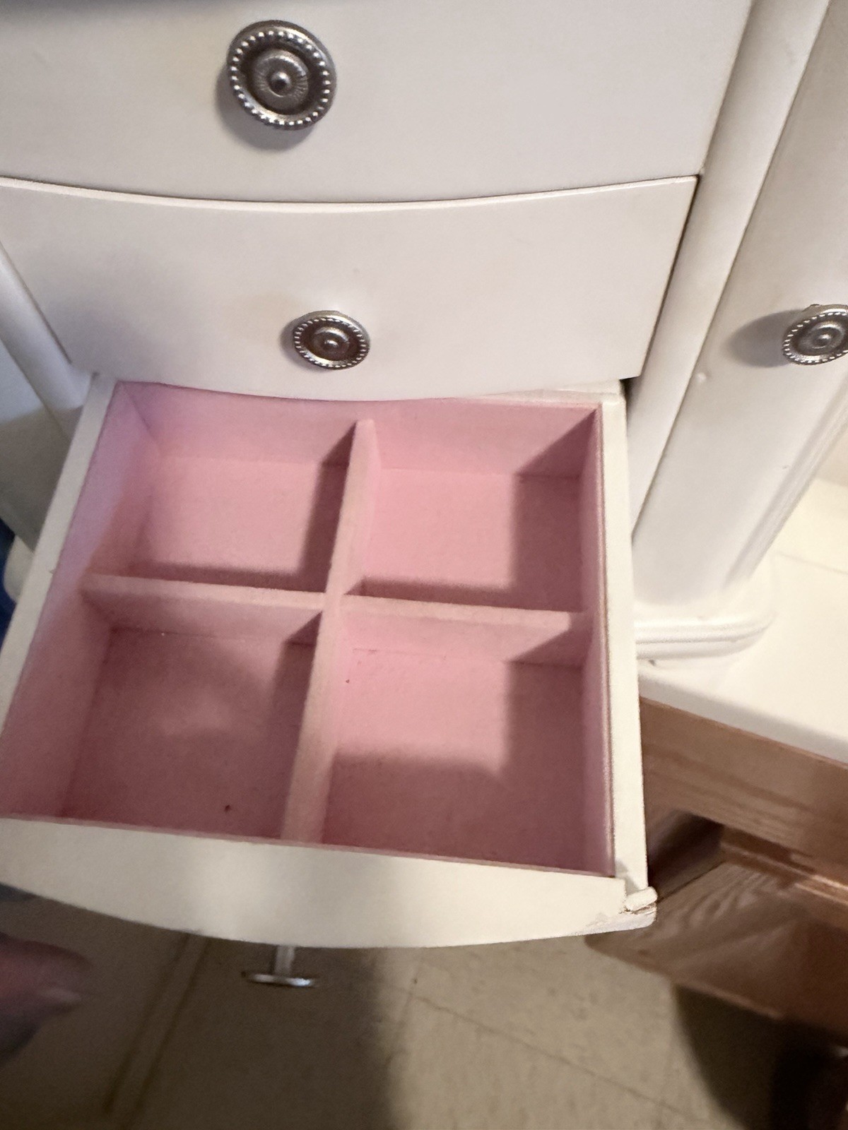 White Wood Jewelry Box Organizer w/ Mirror, Pink Velvet Lined, Holds 25+ Pieces