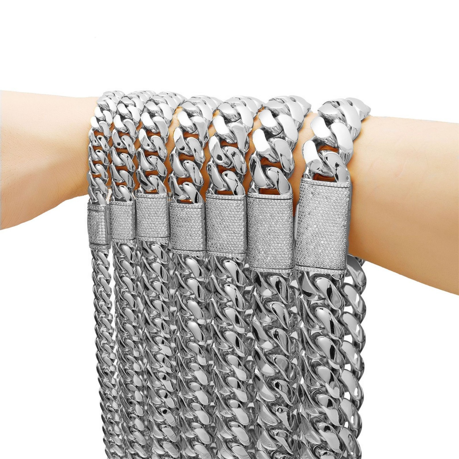 8-22MM Stainless Steel Miami Hip Hop Cuban Chain Necklace Bracelet CZ Clasp