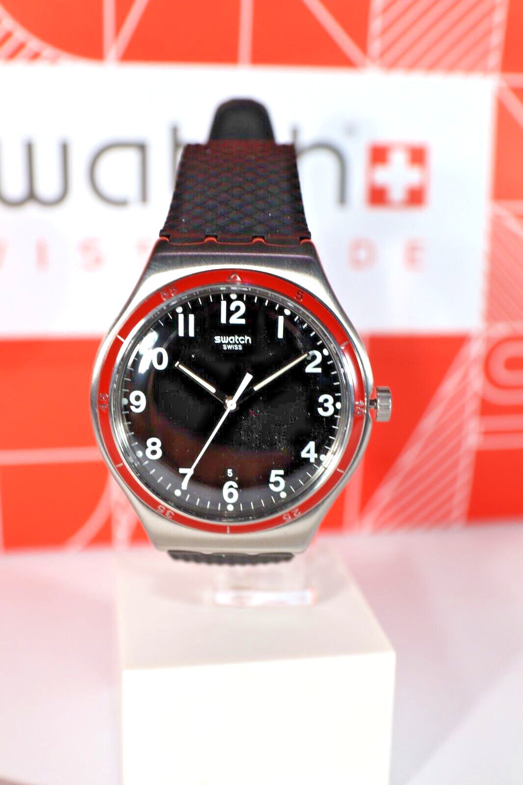 NEW Swatch Irony RED WHEEL Steel Black Silicone Number Dial Men’s Watch YWS417