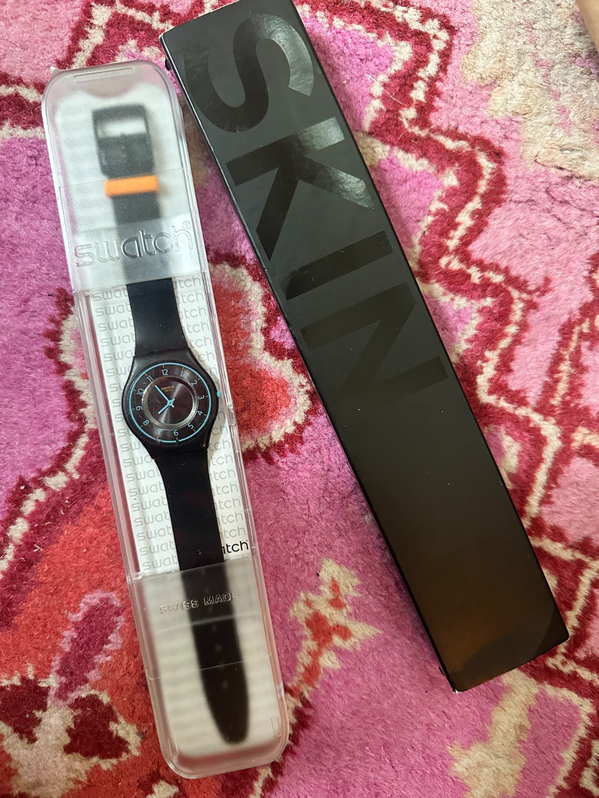 BRAND NEW W BOX Swatch Troposphere SB147 SKIN, Ultra-Thin, Black with Blue Face