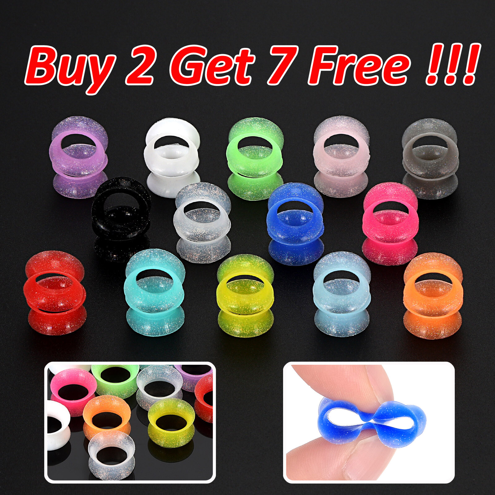 Silicone Ear Gauge Plug-Colorful Glitter Ultra Thin Earskin-Flesh Tunnels – TWO