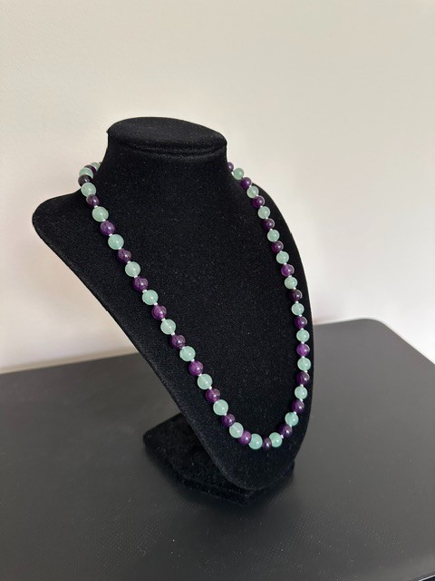 Natural Green Aventurine Purple Amethyst 8 mm Gemstone Beads 20″ Necklace.