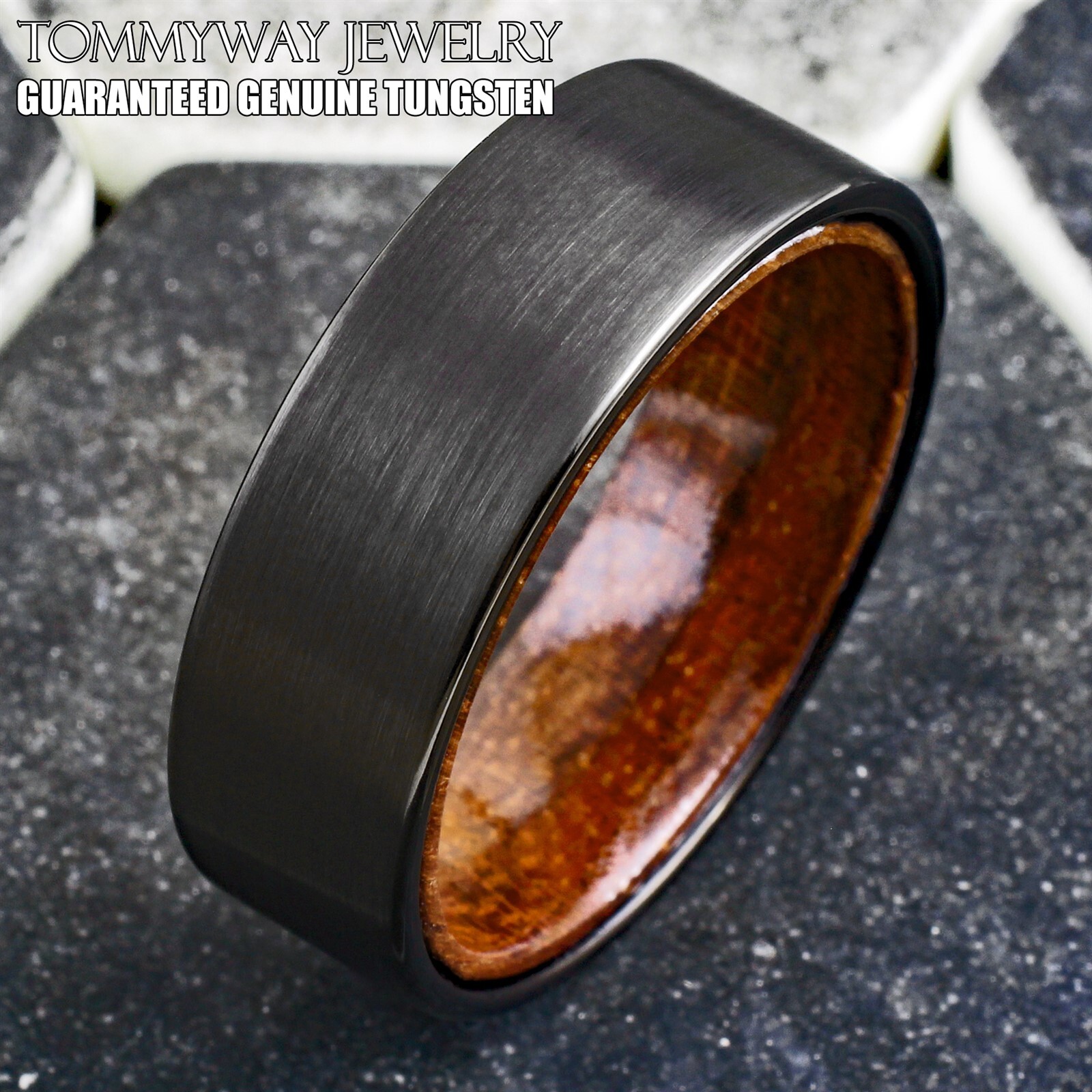 8mm Black Brushed Tungsten Red Sandal Wood Band Ring Men’s Wedding Jewelry