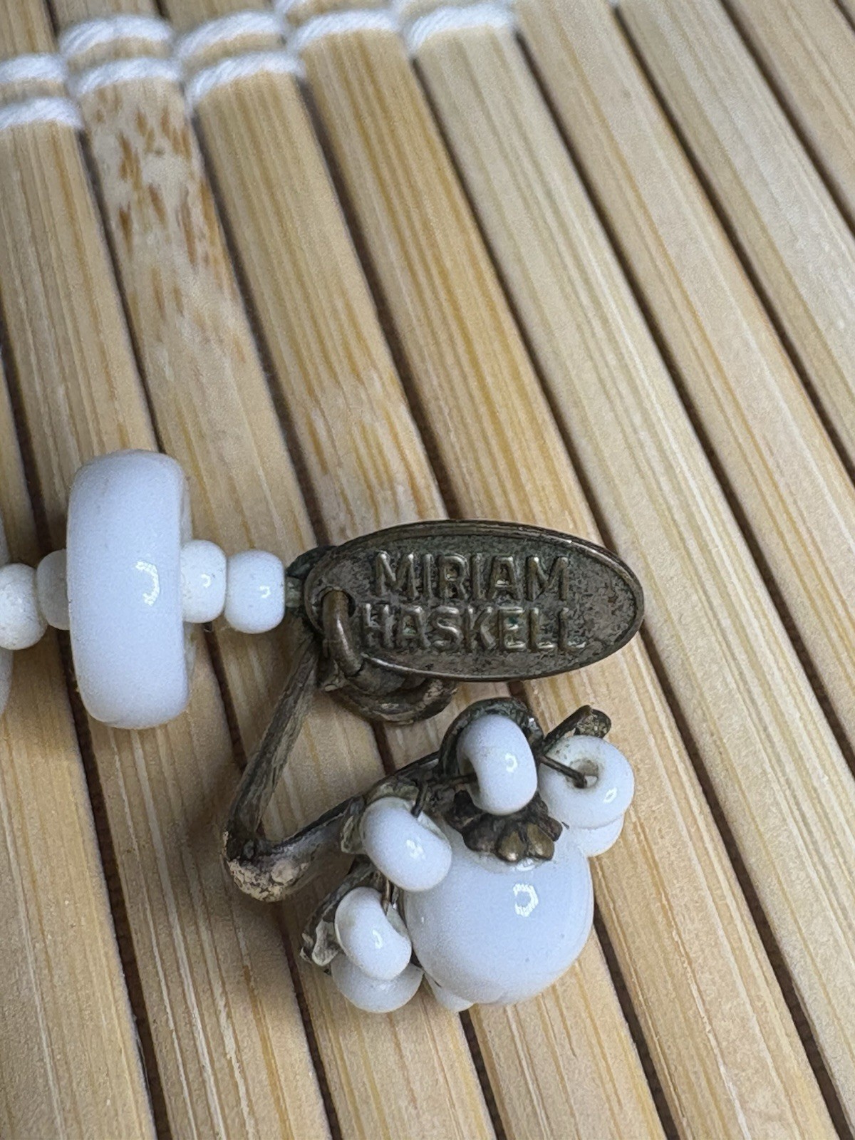 Vintage MIRIAM HASKELL White Bamboo Beaded Necklace Bib Ladder 12” Signed