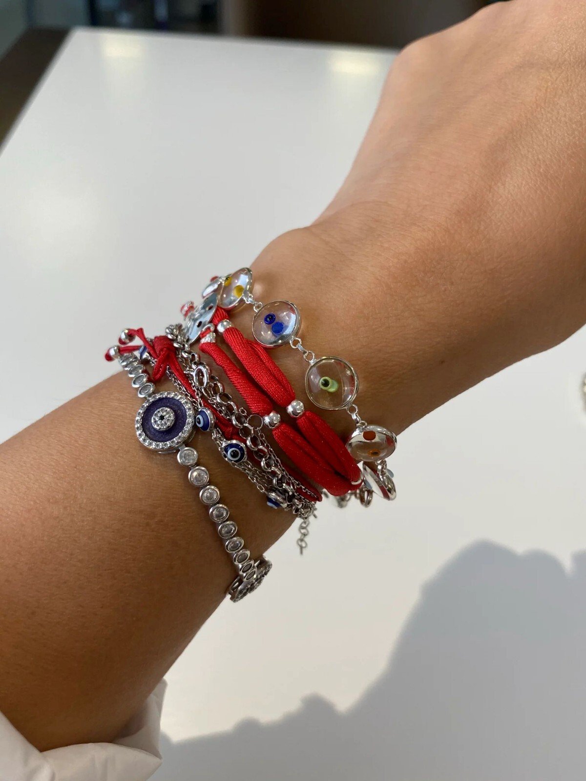 925 Sterling Silver 10MM White Clear Multi Color Crystal Evil Eye Bracelet- 7.5″