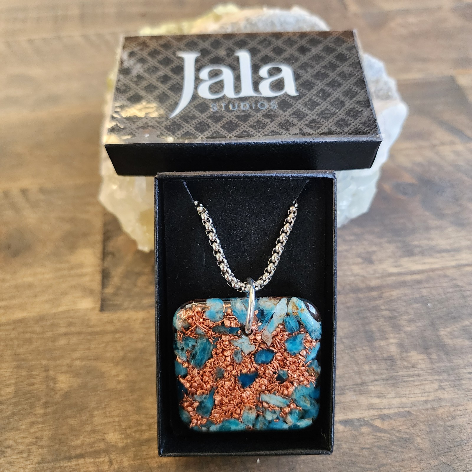 Square Orgonite Pendant with Apatite & Copper, Stainless Steel Chain 24″
