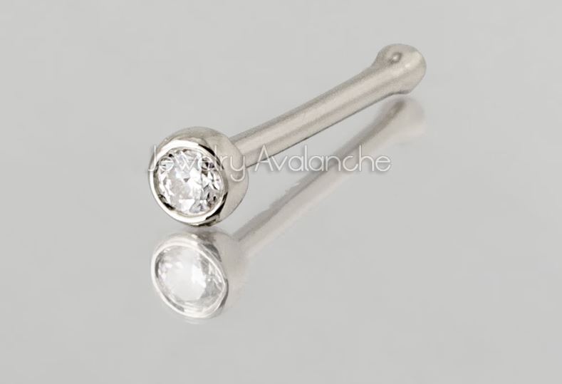 Solid 14kt White / Yellow Gold 22G Nose Bone Stud with Bezel Set Moissanite