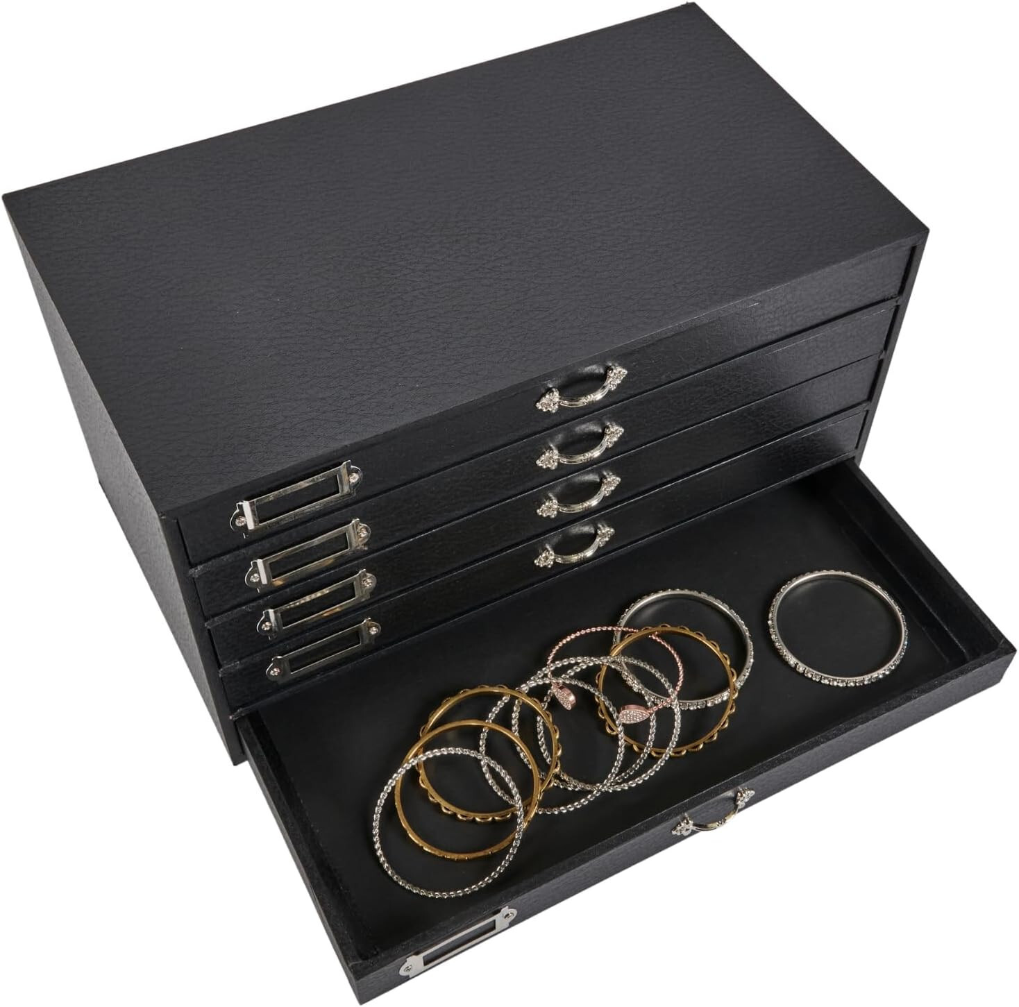 Jewelry Storage Organizer Case Cabinet 5 Drawer Black Faux Leather 15″ x 8″