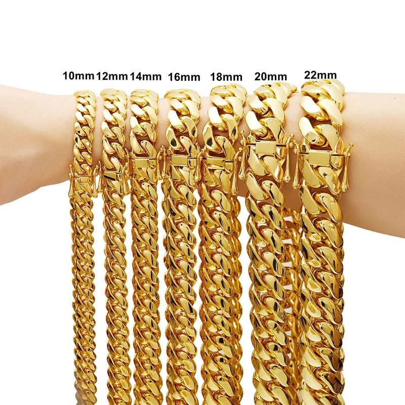 Mens Gold Color Stainless Steel Dense Cuban Miami Link Chain Necklace Hip Hop