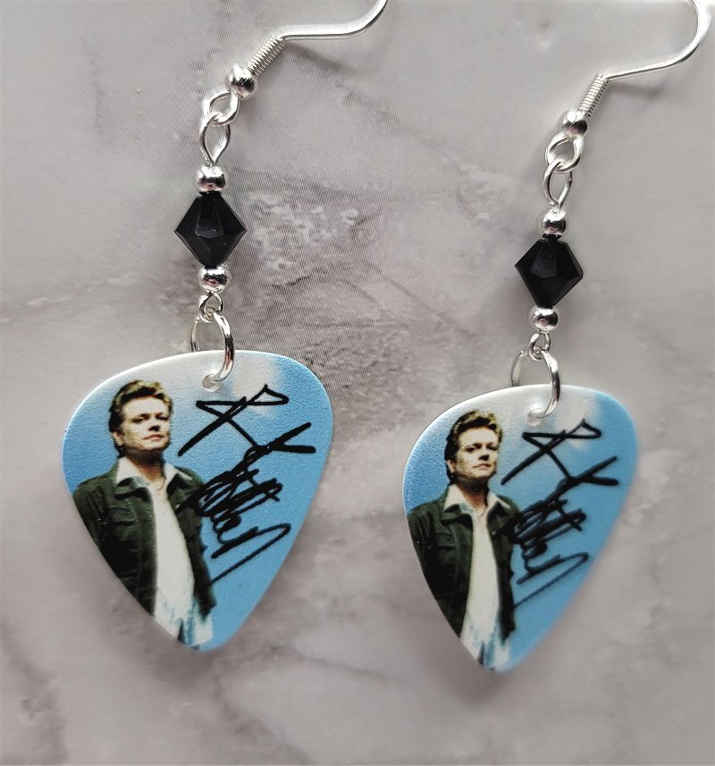 Def Leppard Rick Allen Guitar Pick Earrings with Black Swarovski Crystals