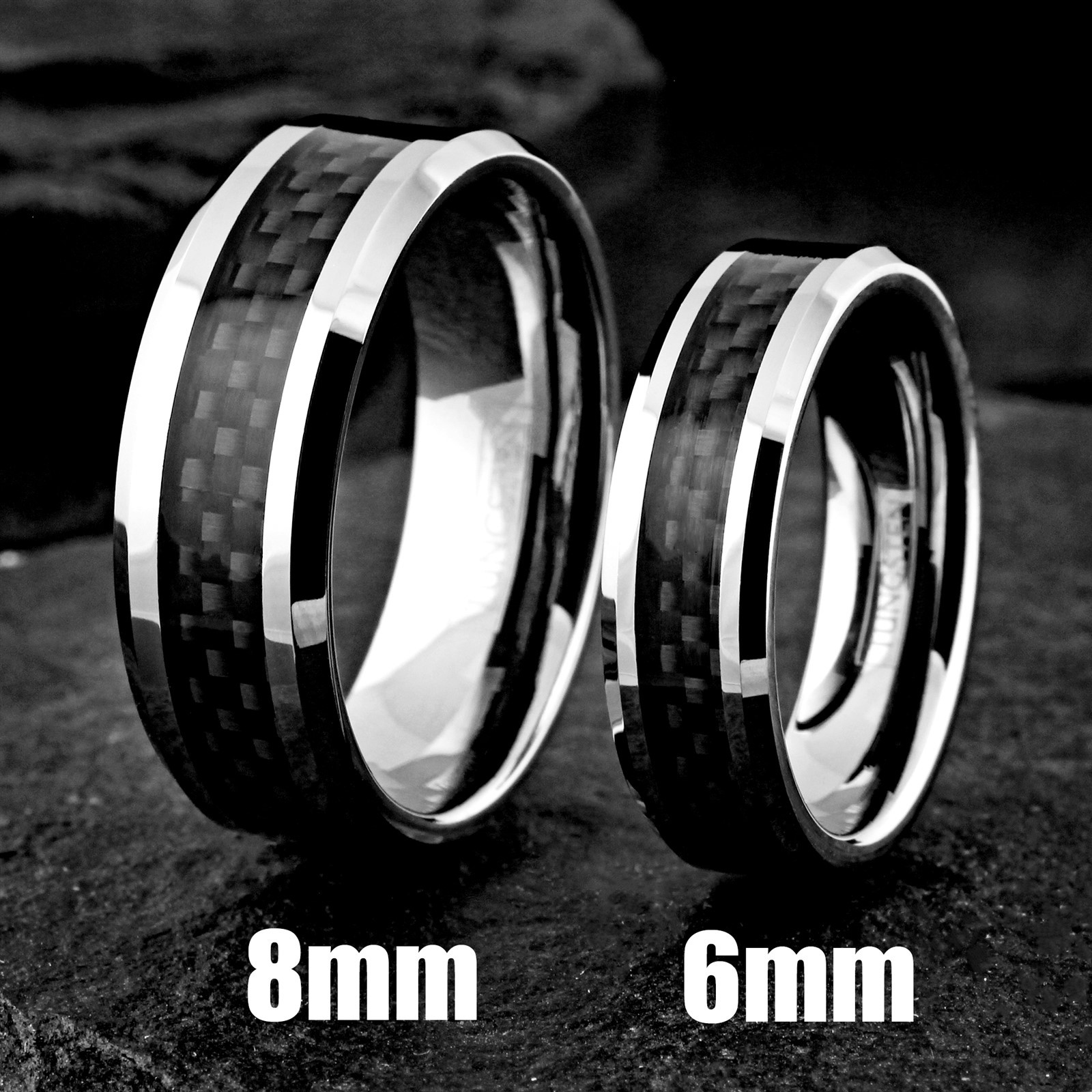 Tungsten Carbide Men’s Ring Silver with Black Carbon Fiber Stripe Wedding Band