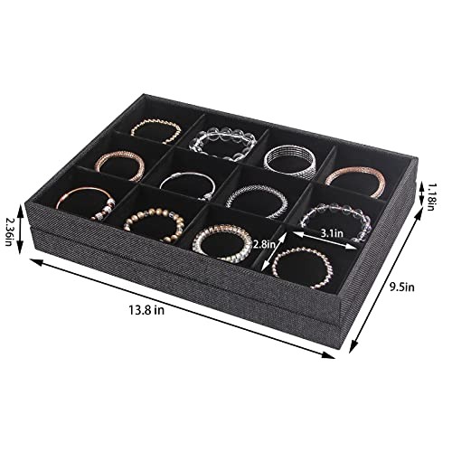 2Pcs 12 Grids Stackable Jewelry Organizer 12 Grid Tray + 12 Grid Tray Black